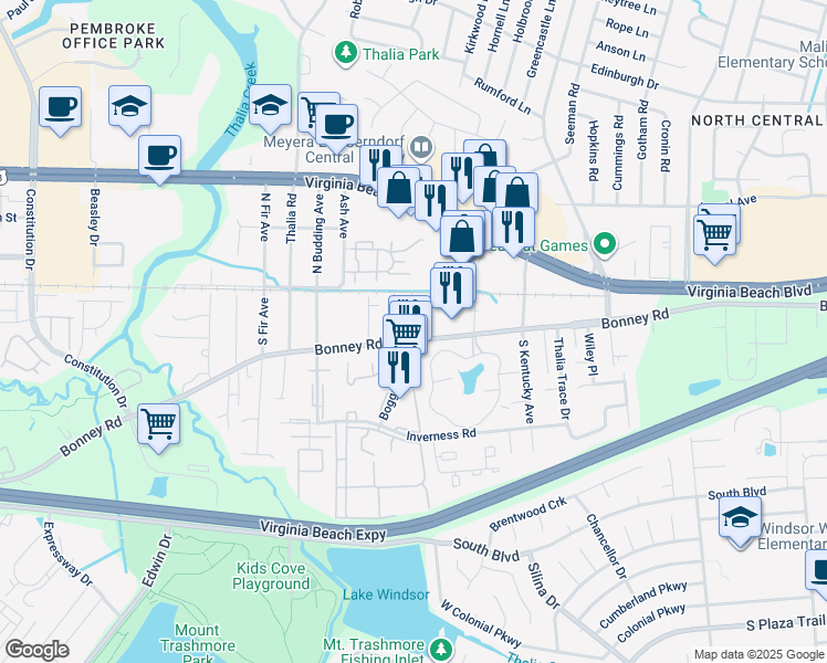 map of restaurants, bars, coffee shops, grocery stores, and more near 170 Majestic Circle in Virginia Beach