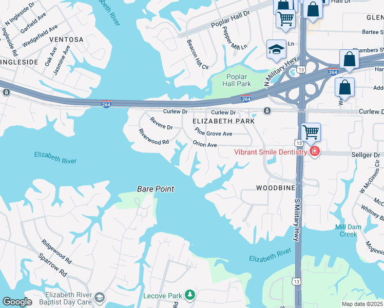 map of restaurants, bars, coffee shops, grocery stores, and more near 222 Valleau Road in Norfolk