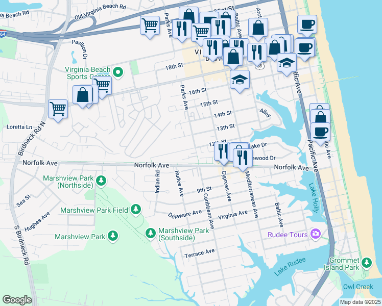 map of restaurants, bars, coffee shops, grocery stores, and more near 1102 Parks Avenue in Virginia Beach