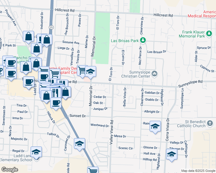 map of restaurants, bars, coffee shops, grocery stores, and more near 1141 Sunnyslope Road in Hollister
