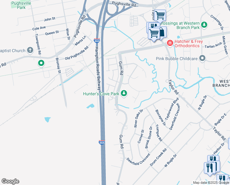 map of restaurants, bars, coffee shops, grocery stores, and more near 2906 Big Bend Drive in Chesapeake