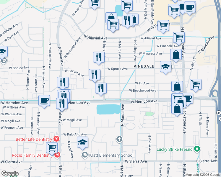 map of restaurants, bars, coffee shops, grocery stores, and more near 459 West Fir Avenue in Fresno