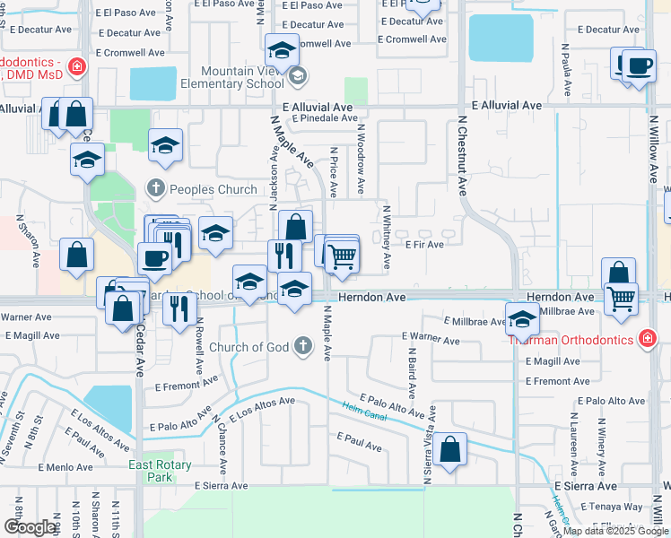 map of restaurants, bars, coffee shops, grocery stores, and more near 7078 North Maple Avenue in Fresno