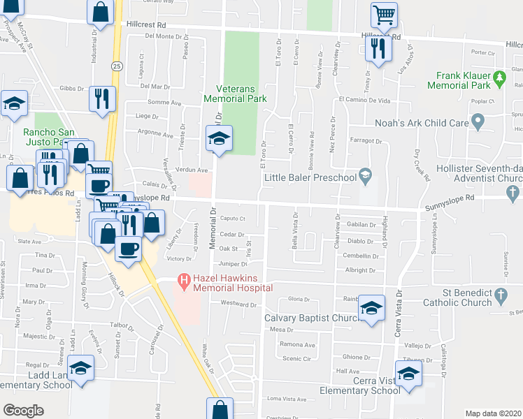 map of restaurants, bars, coffee shops, grocery stores, and more near 1510 Valley View Road in Hollister