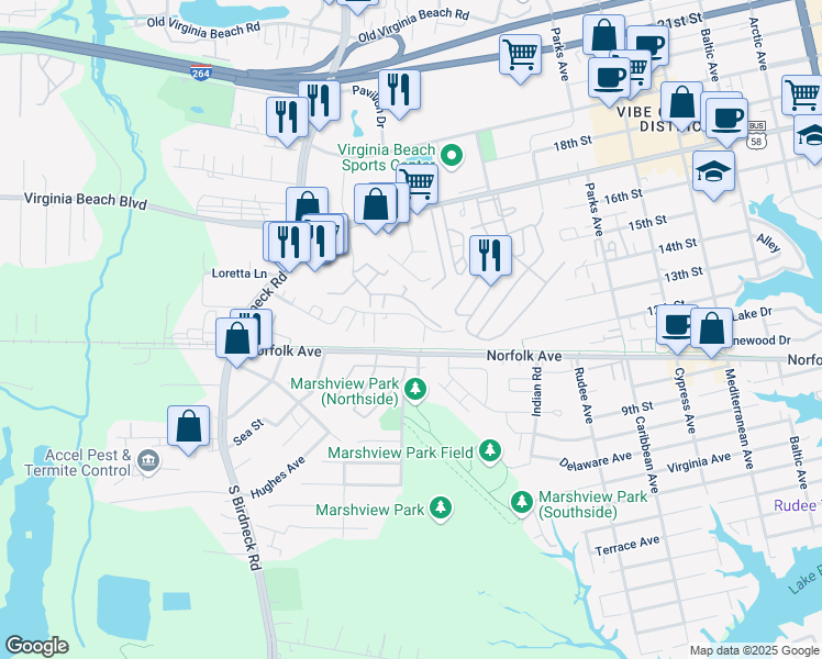 map of restaurants, bars, coffee shops, grocery stores, and more near 987 Atlantis Drive in Virginia Beach