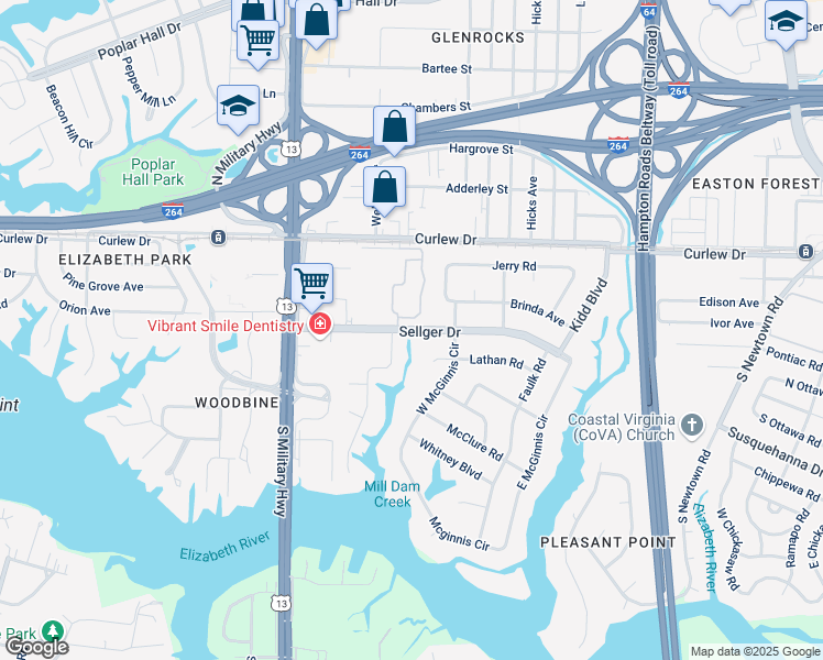 map of restaurants, bars, coffee shops, grocery stores, and more near 200 Pefley Drive in Norfolk