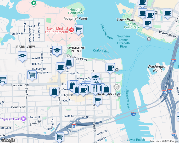 map of restaurants, bars, coffee shops, grocery stores, and more near 424 North Street in Portsmouth