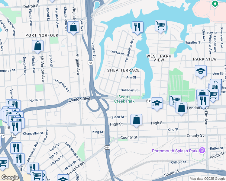 map of restaurants, bars, coffee shops, grocery stores, and more near 317 Idlewood Avenue in Portsmouth