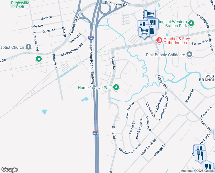 map of restaurants, bars, coffee shops, grocery stores, and more near 2906 Big Bend Drive in Chesapeake