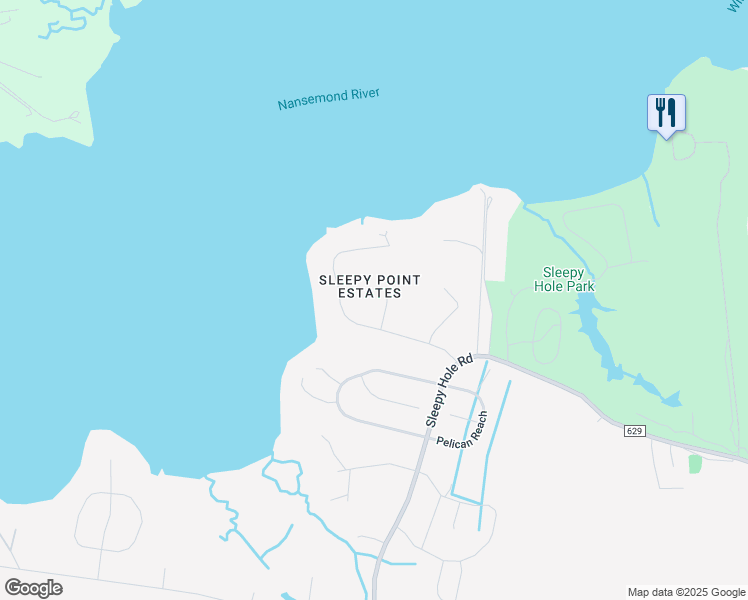 map of restaurants, bars, coffee shops, grocery stores, and more near 104 Pleasant Ridge Court in Suffolk