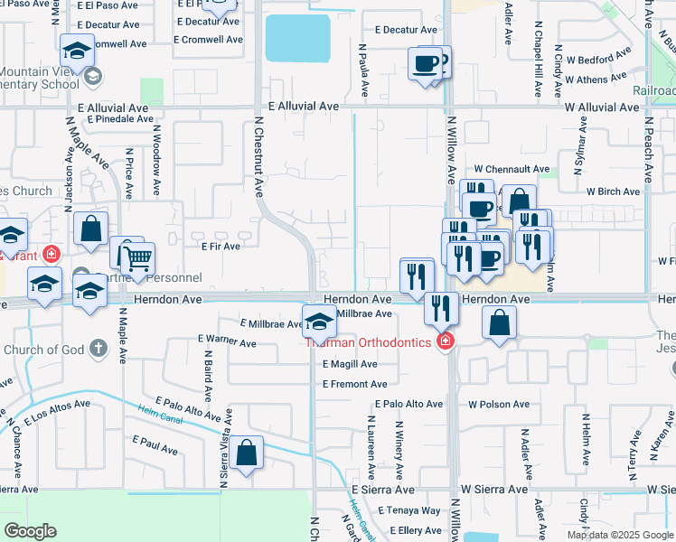 map of restaurants, bars, coffee shops, grocery stores, and more near 3034 East Herndon Avenue in Fresno