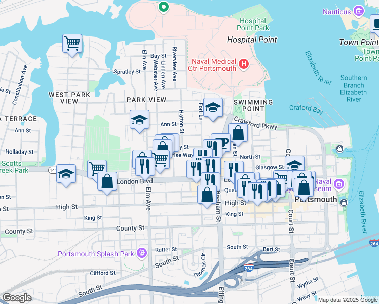 map of restaurants, bars, coffee shops, grocery stores, and more near 945 Enterprise Way in Portsmouth