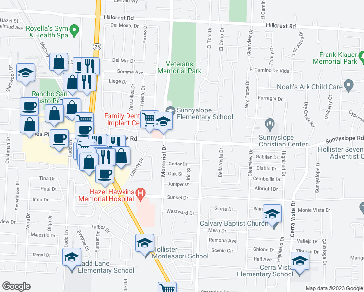 map of restaurants, bars, coffee shops, grocery stores, and more near 1051 Sunnyslope Road in Hollister