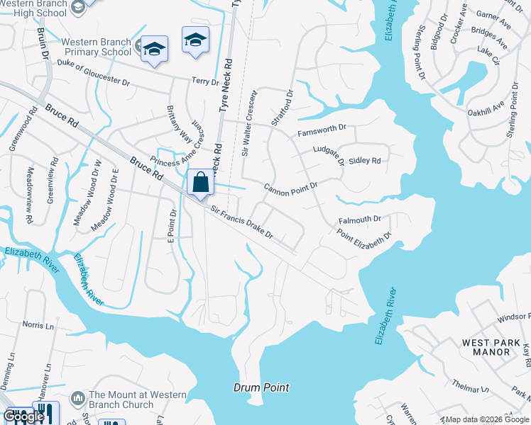map of restaurants, bars, coffee shops, grocery stores, and more near 3843 Whitechapel Arch in Chesapeake