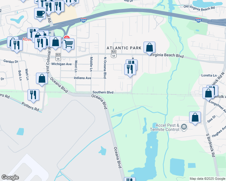 map of restaurants, bars, coffee shops, grocery stores, and more near 1460 Southern Boulevard in Virginia Beach