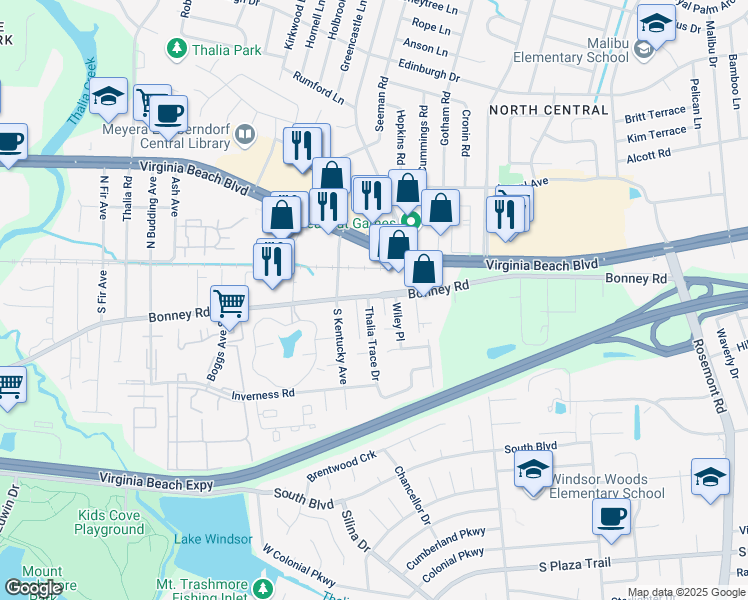 map of restaurants, bars, coffee shops, grocery stores, and more near 100 Thalia Trace Drive in Virginia Beach