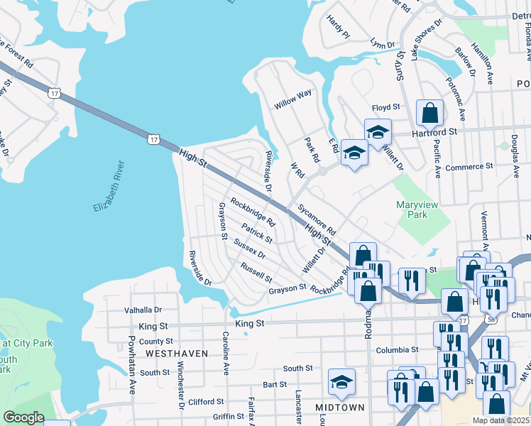map of restaurants, bars, coffee shops, grocery stores, and more near 426 Rockbridge Road in Portsmouth