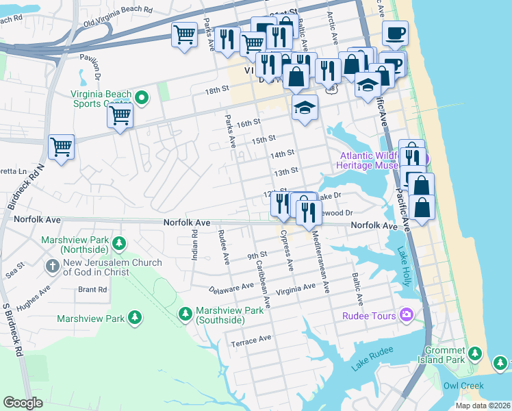 map of restaurants, bars, coffee shops, grocery stores, and more near 710 12th Street in Virginia Beach