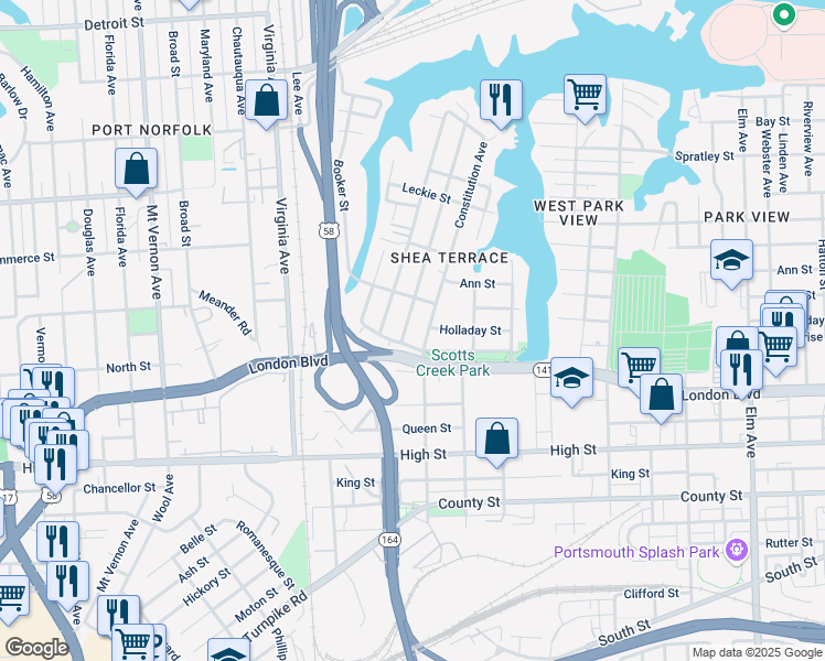 map of restaurants, bars, coffee shops, grocery stores, and more near 317 Idlewood Avenue in Portsmouth