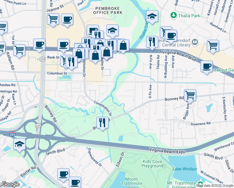 map of restaurants, bars, coffee shops, grocery stores, and more near 4316 Tillman Drive in Virginia Beach