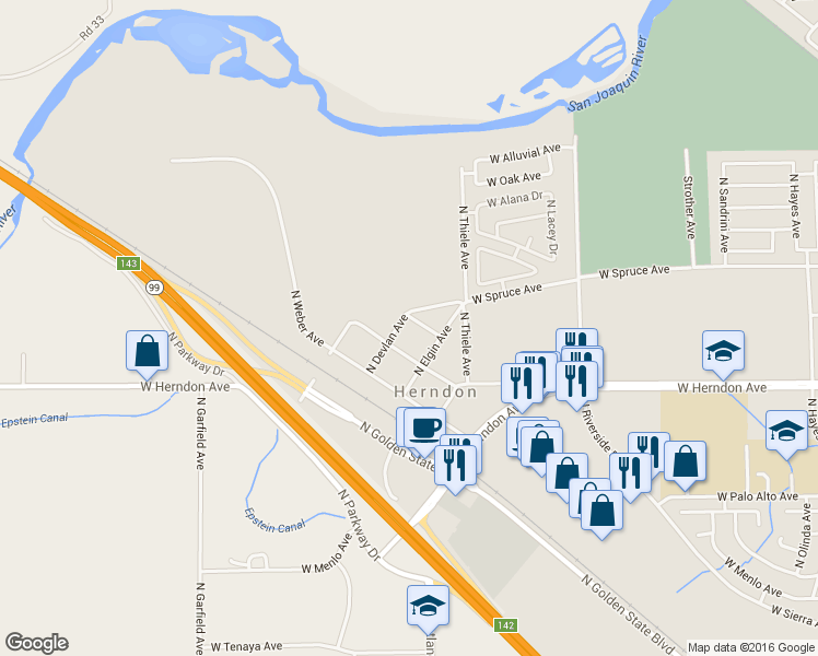 map of restaurants, bars, coffee shops, grocery stores, and more near 7165 North Everest Avenue in Fresno