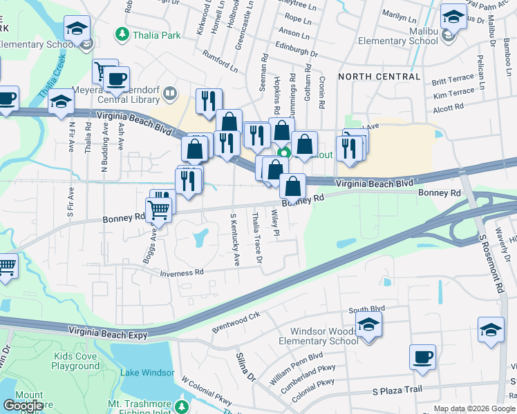 map of restaurants, bars, coffee shops, grocery stores, and more near 111 Trace Court in Virginia Beach