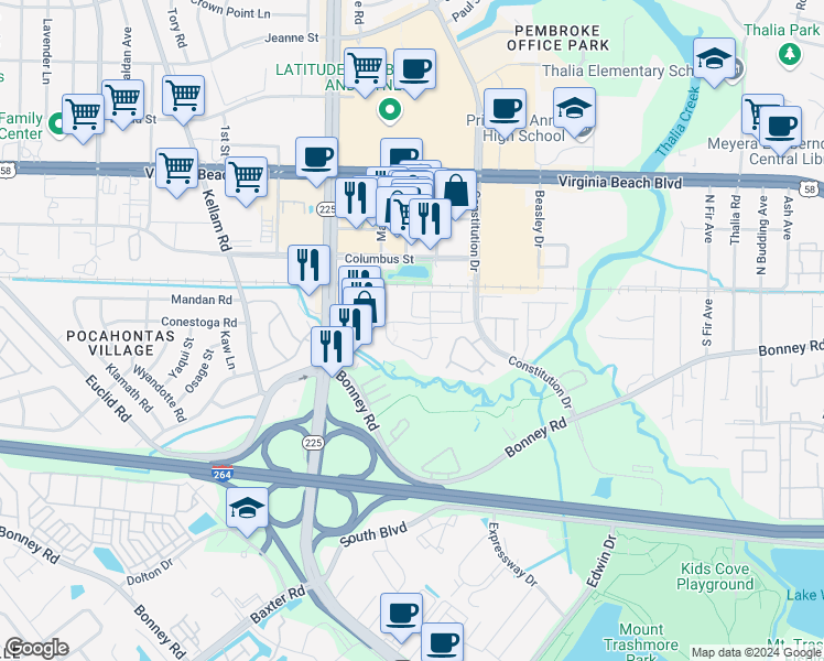 map of restaurants, bars, coffee shops, grocery stores, and more near 357 Ferdinand Circle in Virginia Beach
