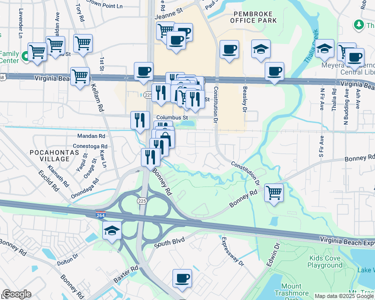 map of restaurants, bars, coffee shops, grocery stores, and more near 357 Ferdinand Circle in Virginia Beach