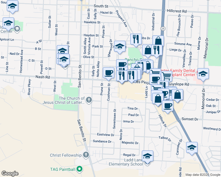 map of restaurants, bars, coffee shops, grocery stores, and more near 1565 Cushman Street in Hollister
