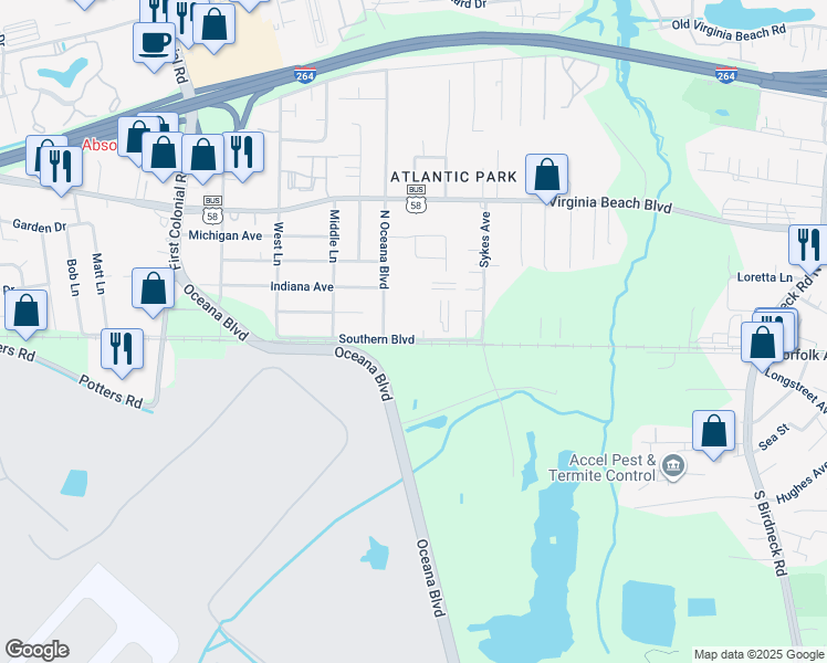 map of restaurants, bars, coffee shops, grocery stores, and more near 1460 Southern Boulevard in Virginia Beach