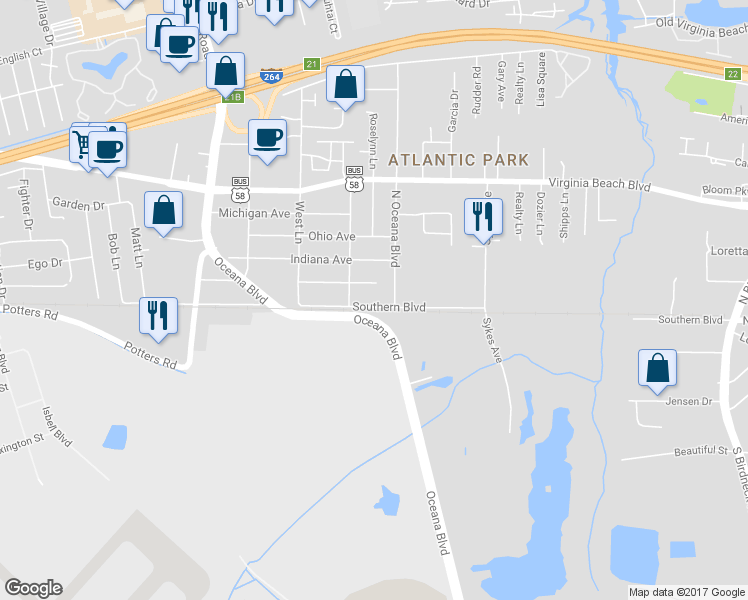 map of restaurants, bars, coffee shops, grocery stores, and more near 1510 Southern Blvd in Virginia Beach