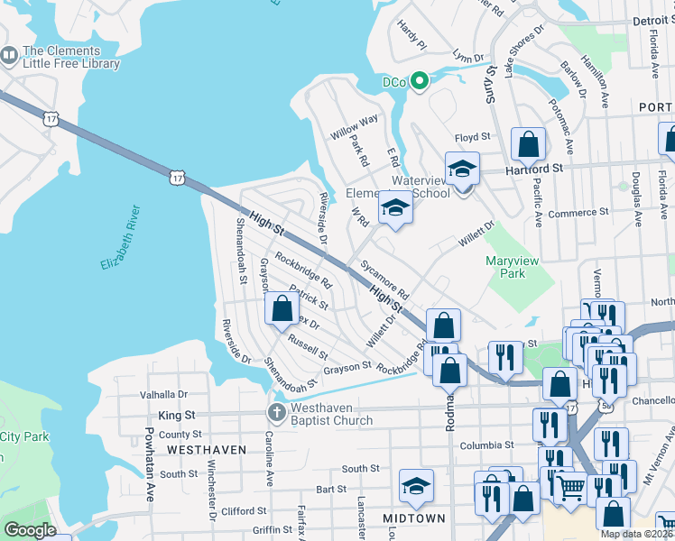 map of restaurants, bars, coffee shops, grocery stores, and more near 3745 High Street in Portsmouth