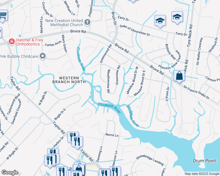map of restaurants, bars, coffee shops, grocery stores, and more near 2833 Meadowview Road in Chesapeake