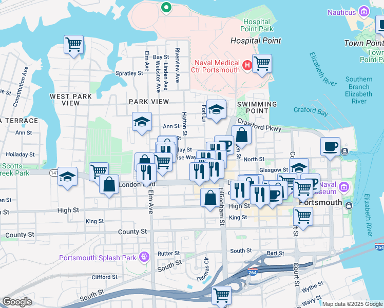 map of restaurants, bars, coffee shops, grocery stores, and more near 943 Holladay Street in Portsmouth