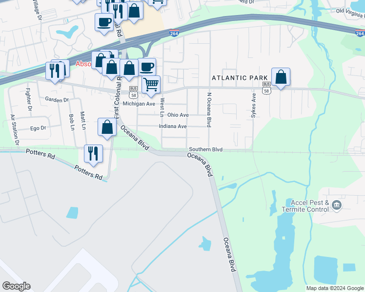 map of restaurants, bars, coffee shops, grocery stores, and more near 1538 Southern Boulevard in Virginia Beach