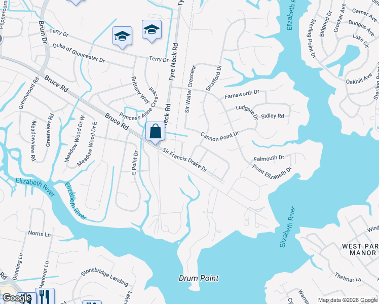 map of restaurants, bars, coffee shops, grocery stores, and more near 3843 Whitechapel Arch in Chesapeake