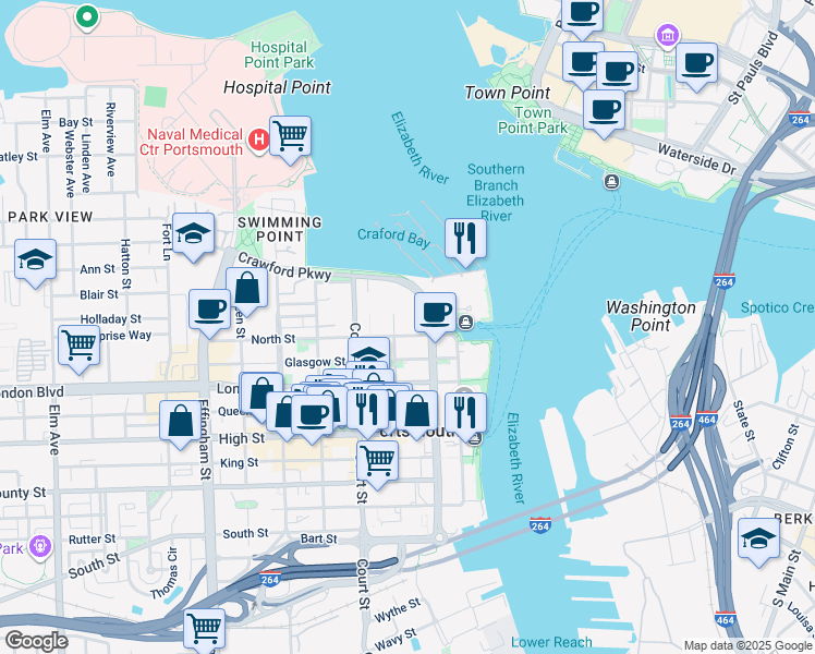 map of restaurants, bars, coffee shops, grocery stores, and more near 218 North Street in Portsmouth