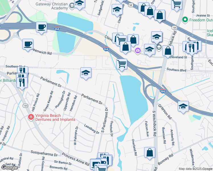 map of restaurants, bars, coffee shops, grocery stores, and more near 121 South Parliament Drive in Virginia Beach