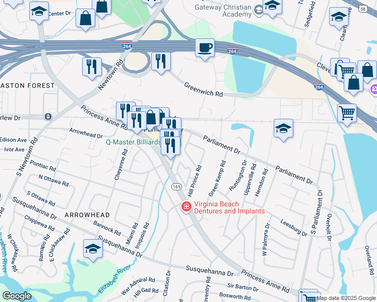 map of restaurants, bars, coffee shops, grocery stores, and more near 136 Gallant Fox Road in Virginia Beach