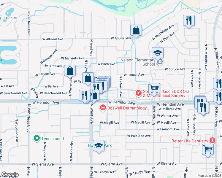 map of restaurants, bars, coffee shops, grocery stores, and more near 7047 North Teilman Avenue in Fresno