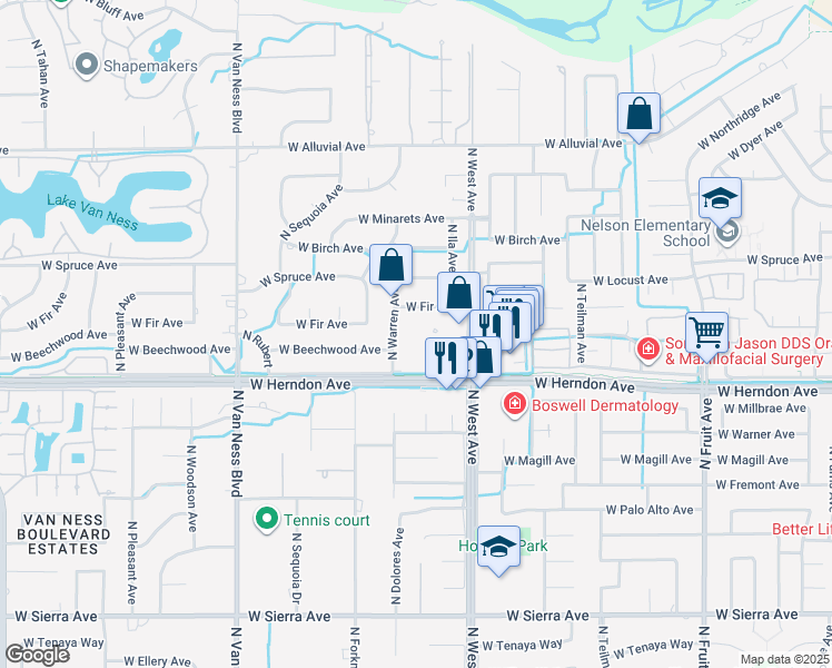 map of restaurants, bars, coffee shops, grocery stores, and more near in Fresno