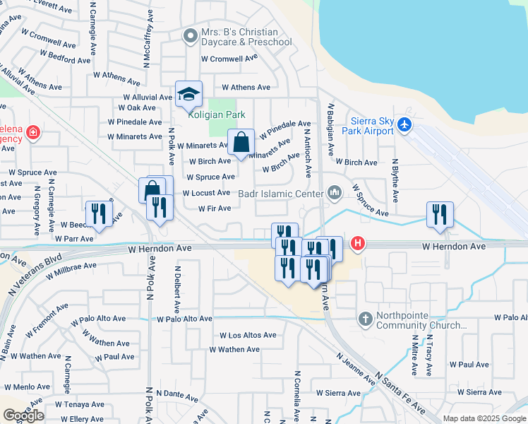 map of restaurants, bars, coffee shops, grocery stores, and more near 5042 West Fir Avenue in Fresno