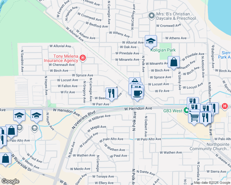 map of restaurants, bars, coffee shops, grocery stores, and more near 5562 West Beechwood Avenue in Fresno