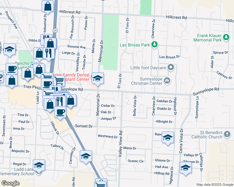 map of restaurants, bars, coffee shops, grocery stores, and more near 1510 Valley View Road in Hollister