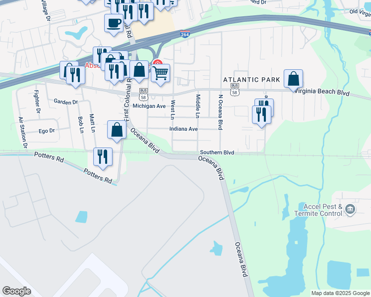 map of restaurants, bars, coffee shops, grocery stores, and more near 1538 Southern Boulevard in Virginia Beach