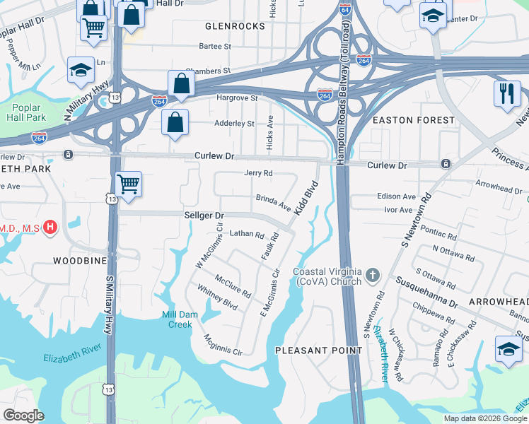 map of restaurants, bars, coffee shops, grocery stores, and more near 5932 Sellger Drive in Norfolk