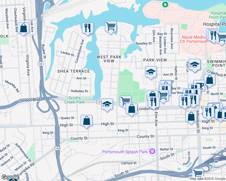 map of restaurants, bars, coffee shops, grocery stores, and more near 1600 North Street in Portsmouth