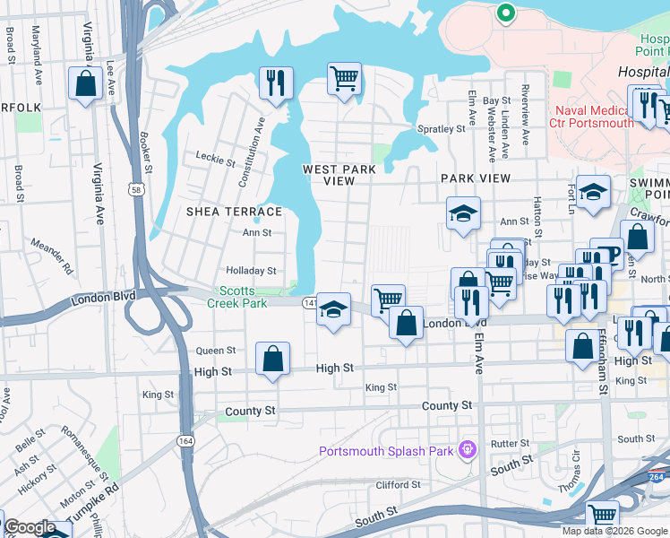 map of restaurants, bars, coffee shops, grocery stores, and more near 1717 Holladay Street in Portsmouth