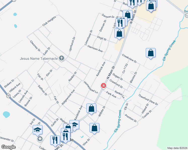 map of restaurants, bars, coffee shops, grocery stores, and more near 801-811 Ridgewood Avenue in Monticello