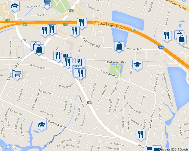 map of restaurants, bars, coffee shops, grocery stores, and more near 5517 Nashua Road in Virginia Beach